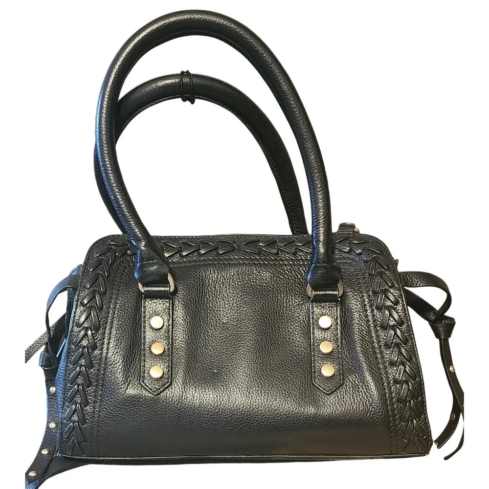LODIS Genuine Leather Satchel Dome Crossbody Black Braided, Wallet & Dust Bag